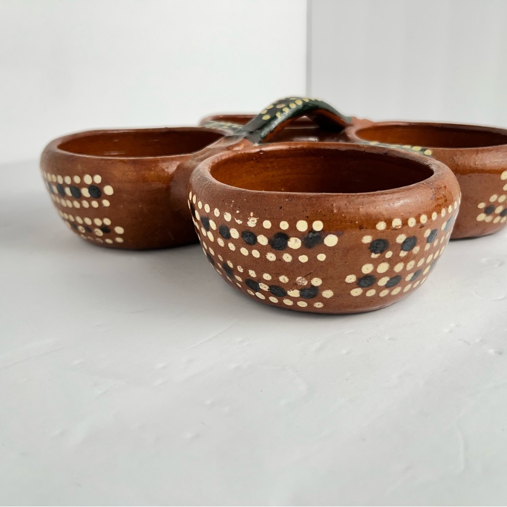 Mexican Red Clay Salsa Holder 4 Hole Hand Painted